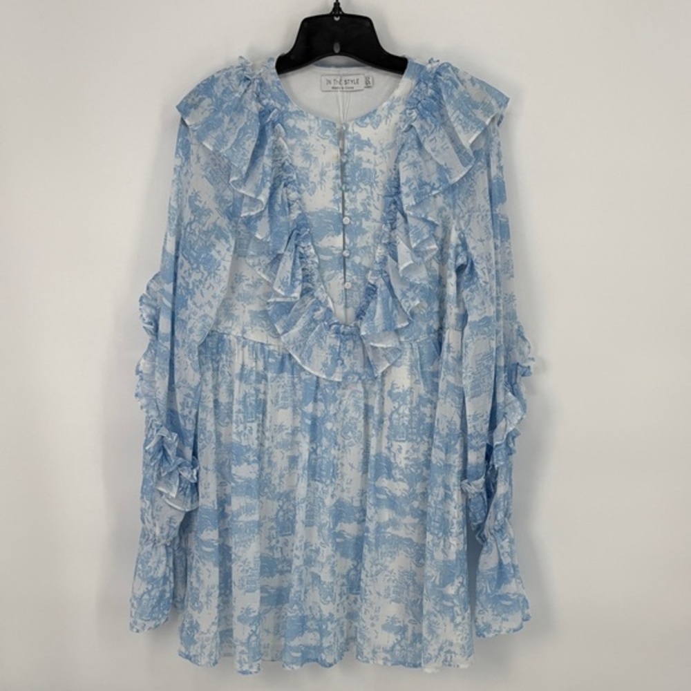 🎸 In the Style toile  Long Sleeve Blue Ruffled Dress